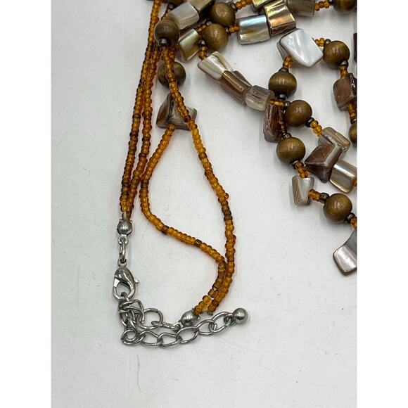 Vintage Boho Multi-Strand Wood Mother of Pearl Shell Bead Necklace Earth Tones - Picture 4 of 11